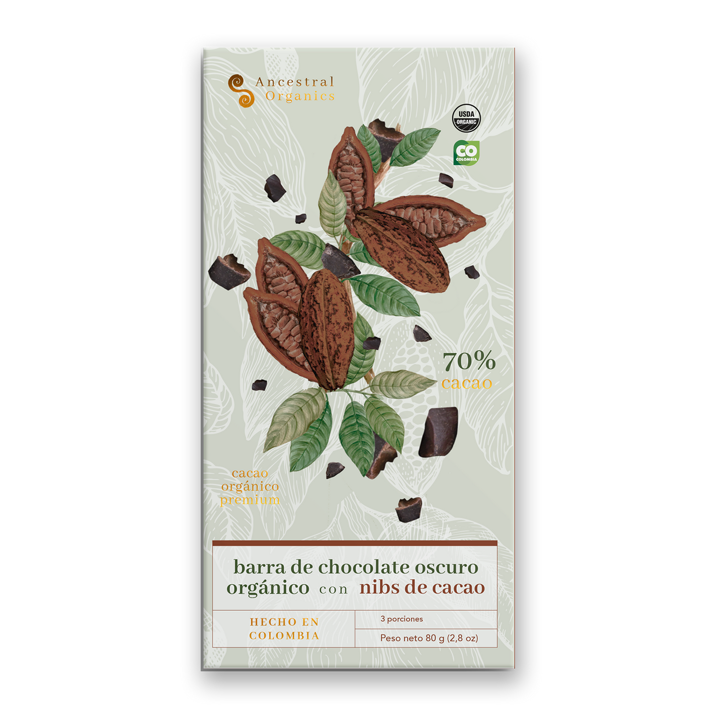 Barra de chocolate oscuro orgánico con nibs de cacao