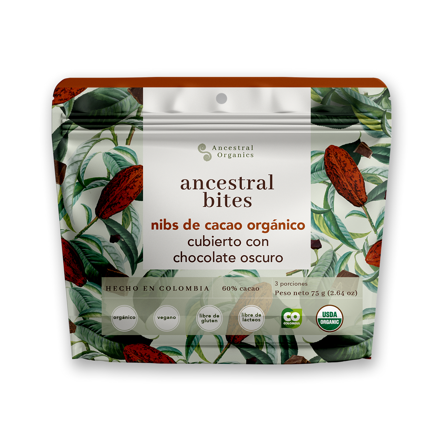 Nibs de cacao recubiertos en chocolate oscuro orgánico