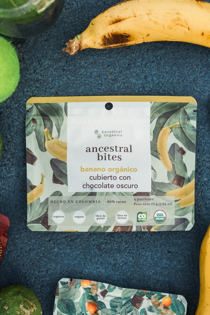 Bites de Banano con Chocolate Oscuro 60% | Snack Orgánico · Energía Natural · Sin Gluten ni Lácteos · 75g