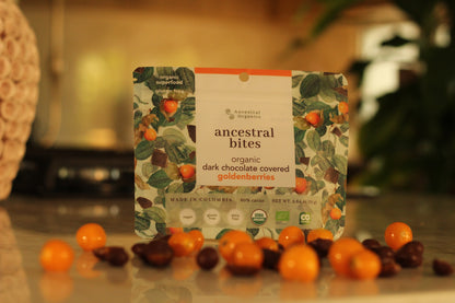 Bites de Uchuva con Chocolate Oscuro 60% | Snack Orgánico · 3 Ingredientes Naturales · Libre de Gluten · Libre de Lácteos · Vegano · Antioxidante y Energizante · 75g