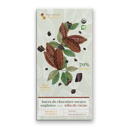 Barra de Chocolate Orgánico 70% con Nibs de Cacao | 3 Ingredientes · Crujiente · Antioxidante y Vegana
