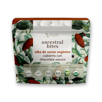 Nibs de Cacao Orgánico con Chocolate Oscuro 60% | Snack Crujiente · Antioxidante · Sin Gluten ni Lácteos